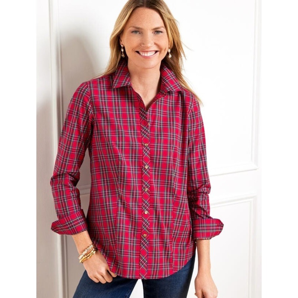 Talbot's Women's Red, Blue & Gold Plaid Button-Up Shirt-No Iron-Stretch-Size‎ 16